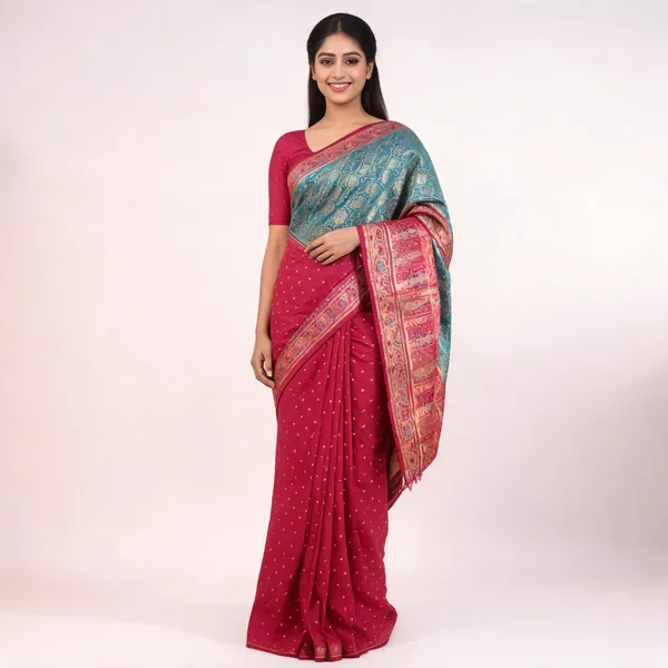 Pink_And_Teal_Blue_Patterned_Saree_For_Women