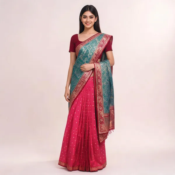 Pink_And_Teal_Blue_Patterned_Saree_For_Women