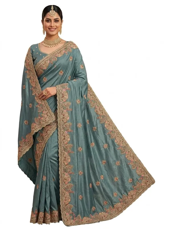 Sky_Blue_Embroidered_Saree_With_Blouse_Piece_For_Women