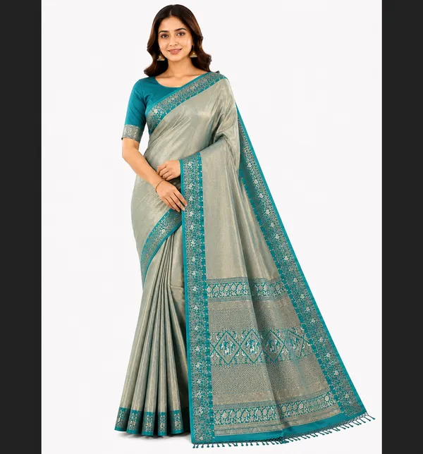 Teal_Blue_Golden_Kalamkari_Silk_Saree_For_Women