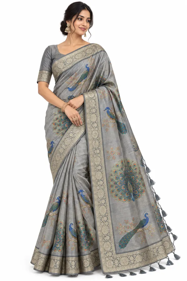 Grey_Organza_Peacock_Design_Saree_With_Kashyap_Work_For_Women