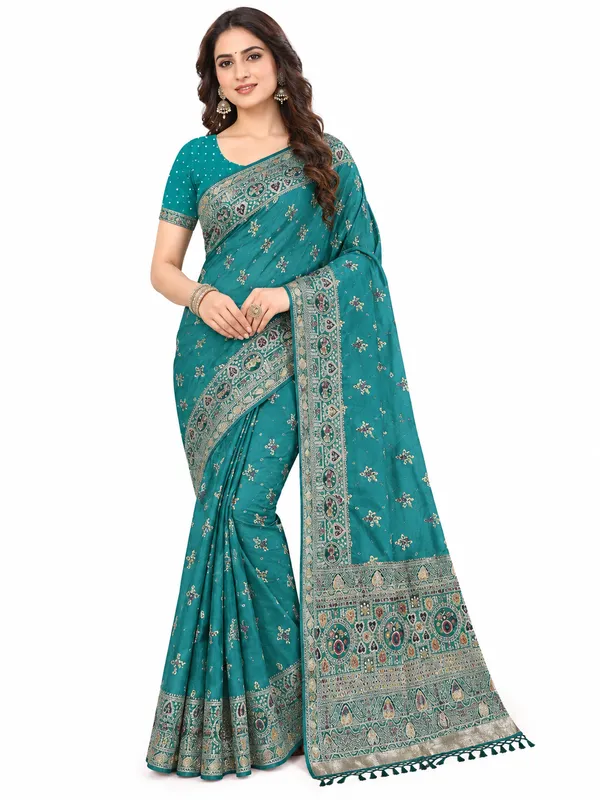 Aqua_Blue_Handwork_Saree_For_Women
