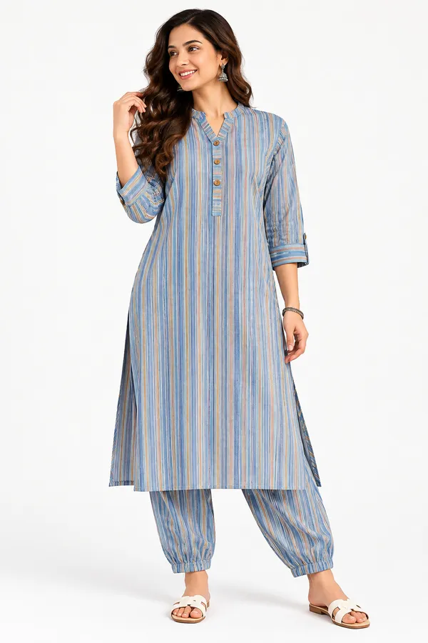 LA_QAYARA_Women's_Blue_Multicolor_Striped_Straight_Kurta_with_Printed_Jogger_Pants_Co-Ord_Set