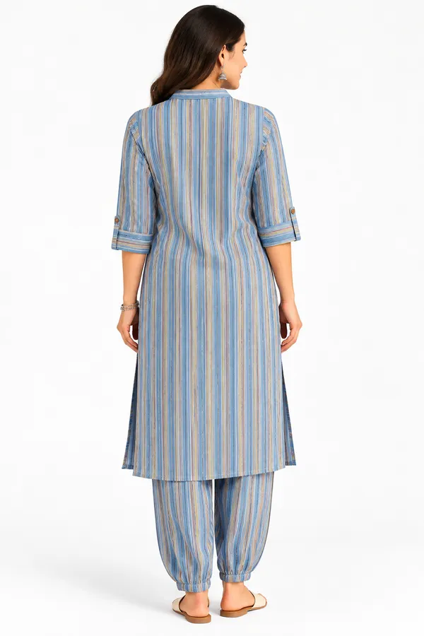 LA_QAYARA_Women's_Blue_Multicolor_Striped_Straight_Kurta_with_Printed_Jogger_Pants_Co-Ord_Set