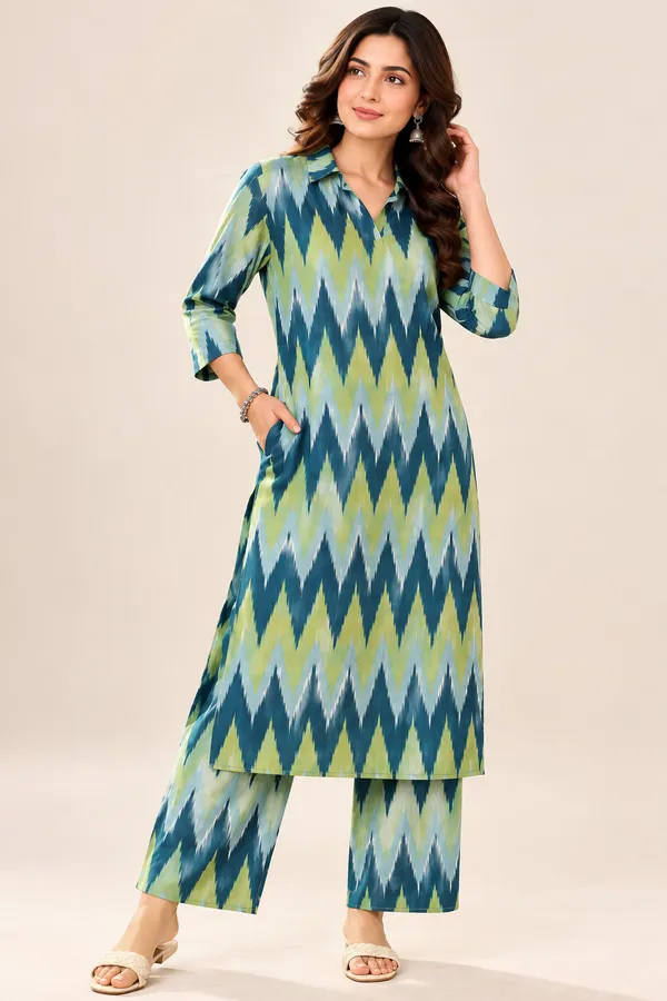 LA_QAYARA_Women's_Blue,_Teal_Green_&_Lime_Ikat_Printed_Straight_Kurta_with_Matching_Palazzo_Pants_Set