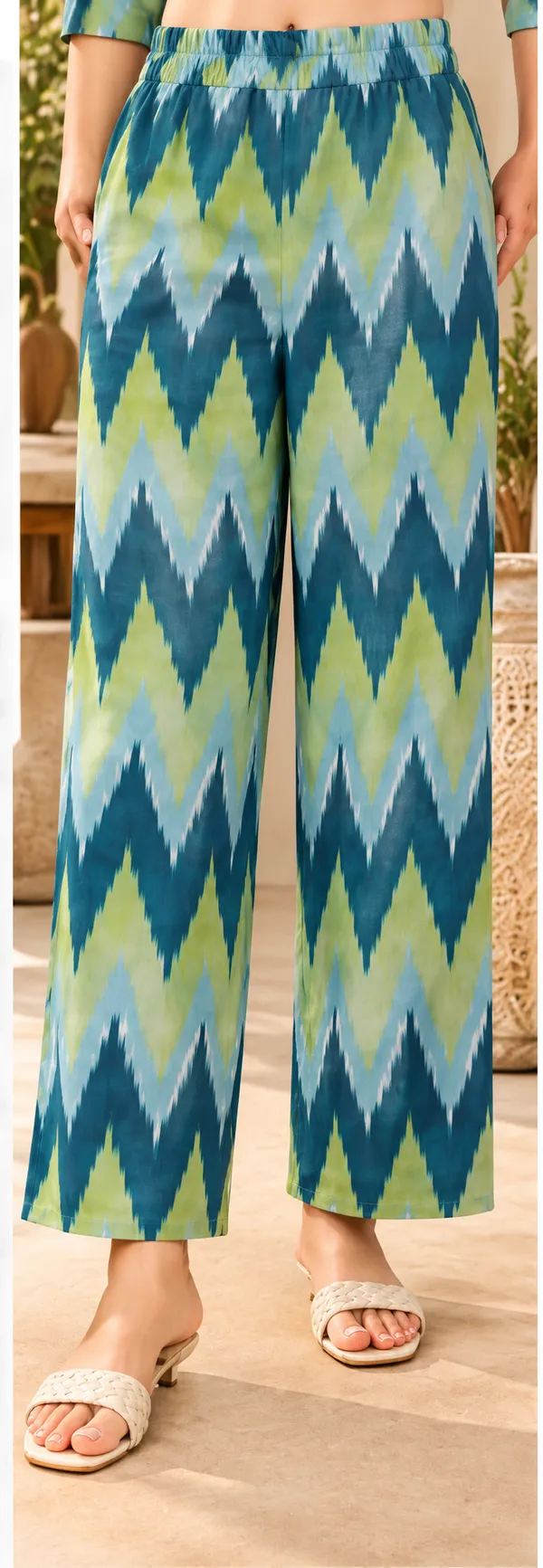 LA_QAYARA_Women's_Blue,_Teal_Green_&_Lime_Ikat_Printed_Straight_Kurta_with_Matching_Palazzo_Pants_Set