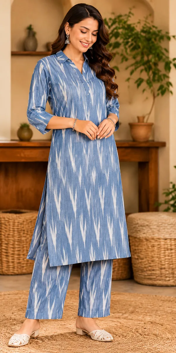 LA_QAYARA_Women's_Blue_&_White_Ikat_Printed_Straight_Kurta_with_Palazzo_Pants_Co-Ord_Set