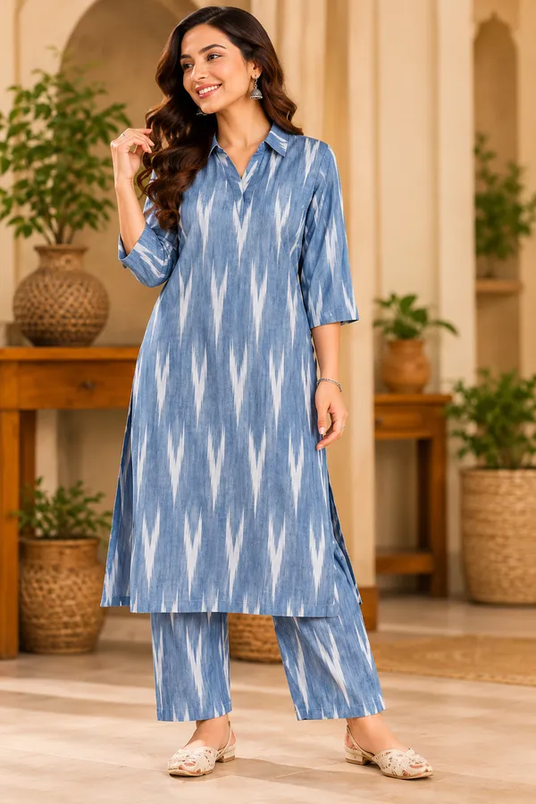 LA_QAYARA_Women's_Blue_&_White_Ikat_Printed_Straight_Kurta_with_Palazzo_Pants_Co-Ord_Set