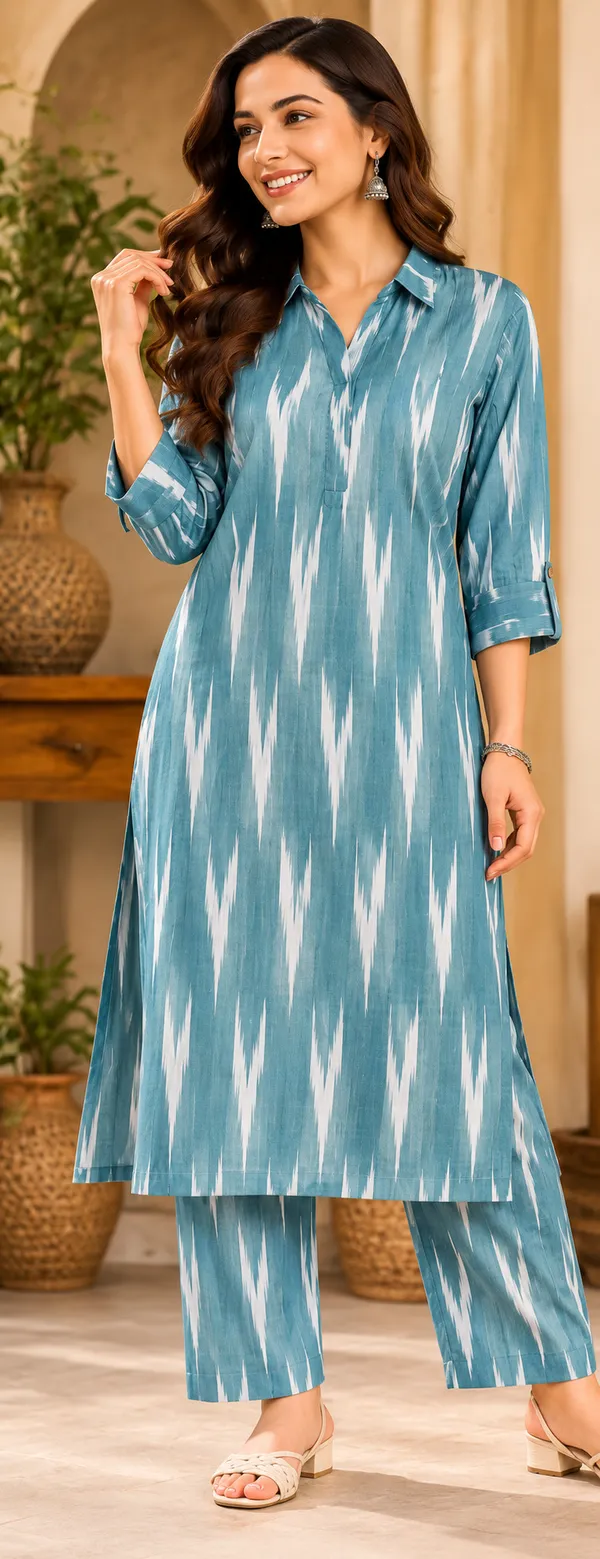 LA_QAYARA_Women's_Teal_Blue_&_White_Ikat_Printed_Straight_Kurta_with_Matching_Palazzo_Pants_Co-Ord_Set