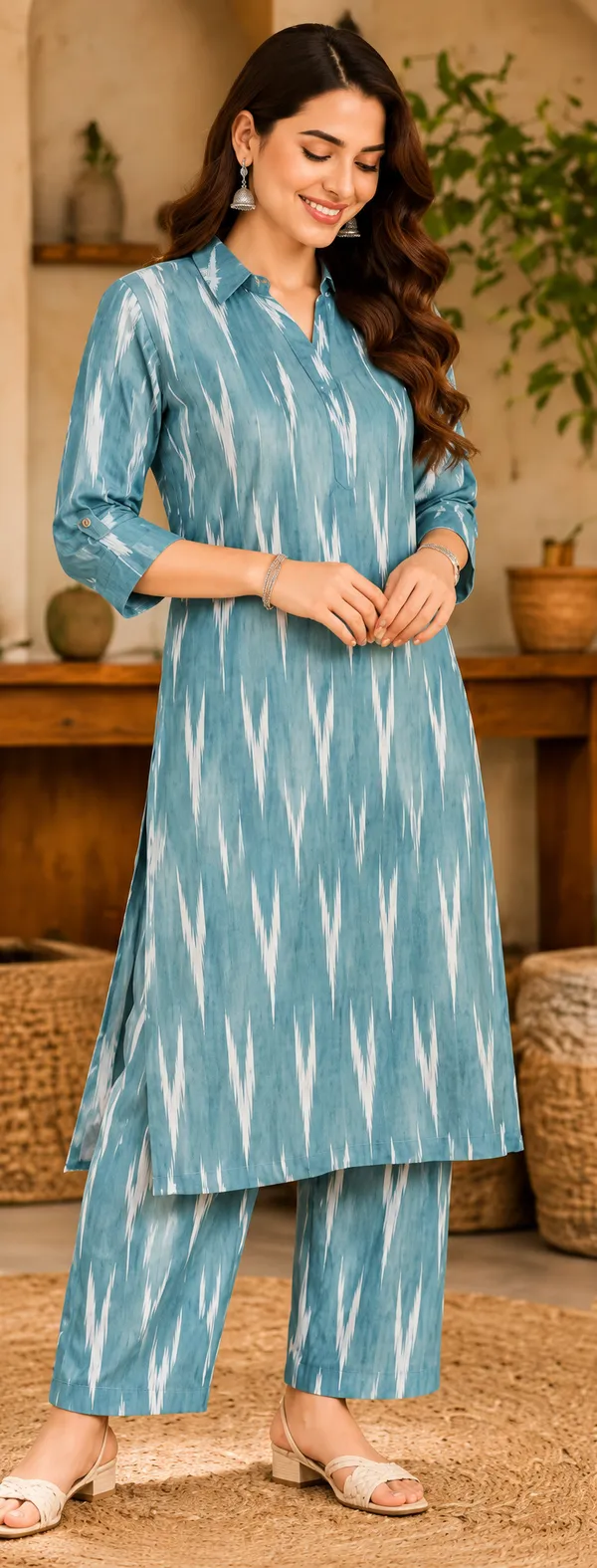 LA_QAYARA_Women's_Teal_Blue_&_White_Ikat_Printed_Straight_Kurta_with_Matching_Palazzo_Pants_Co-Ord_Set