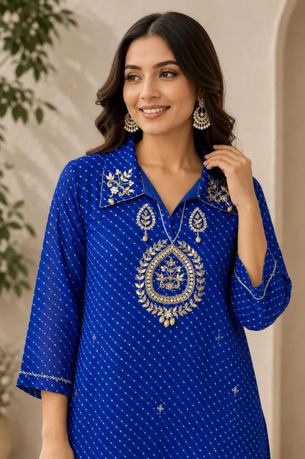 Blue_Bandhej_Georgette_With_Cotton_Lining_Co-Ords_Set_For_Women