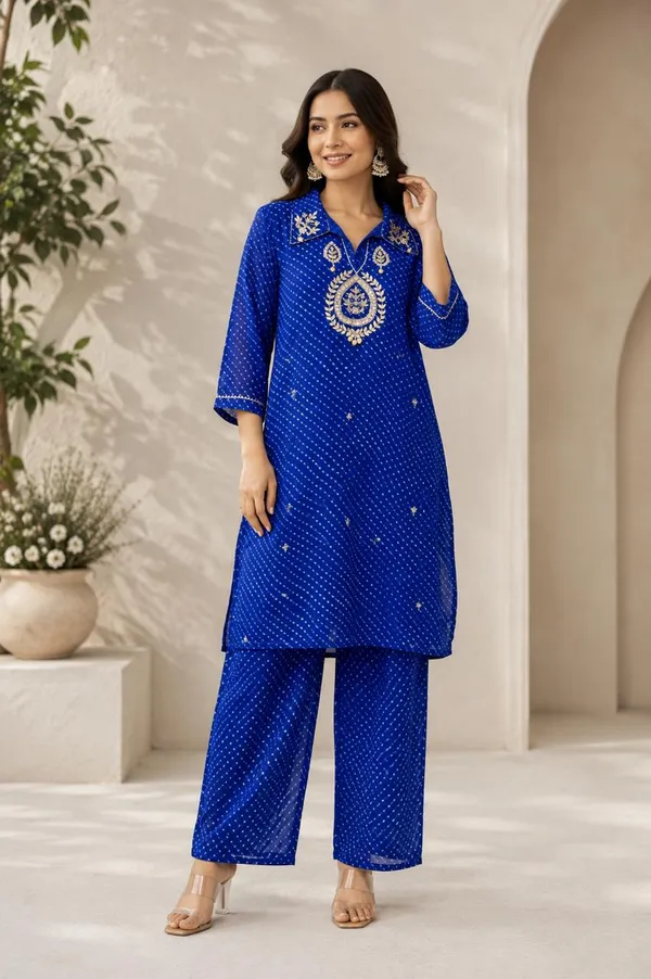 Blue_Bandhej_Georgette_With_Cotton_Lining_Co-Ords_Set_For_Women