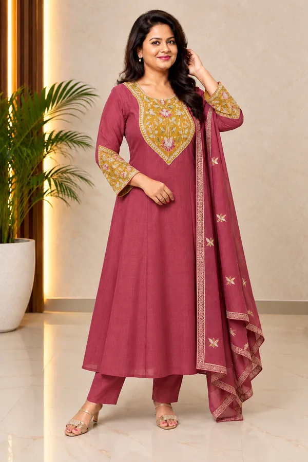 Pure_Slub_Mul_Chanderi_Aline_suit_with_Embroidery