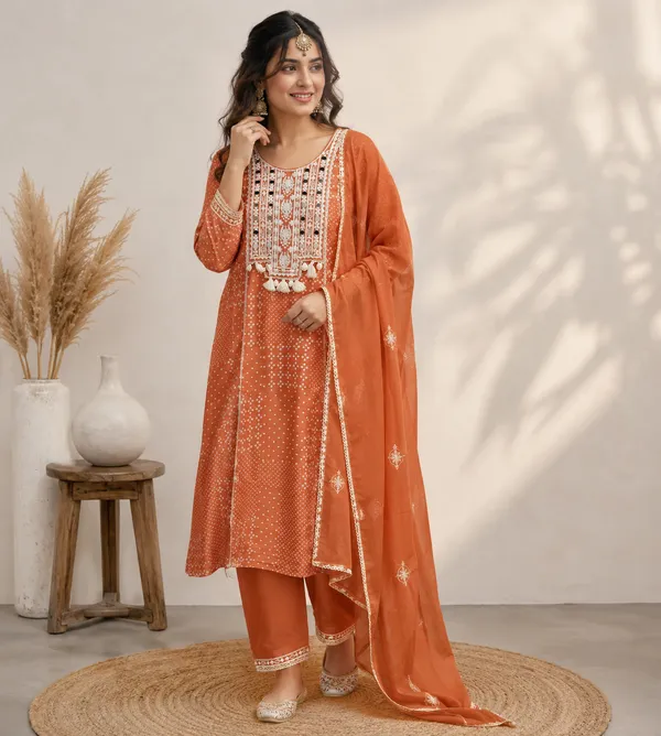 Rust_&_Peach_Mul_Cotton_Kurta_Set_For_Women