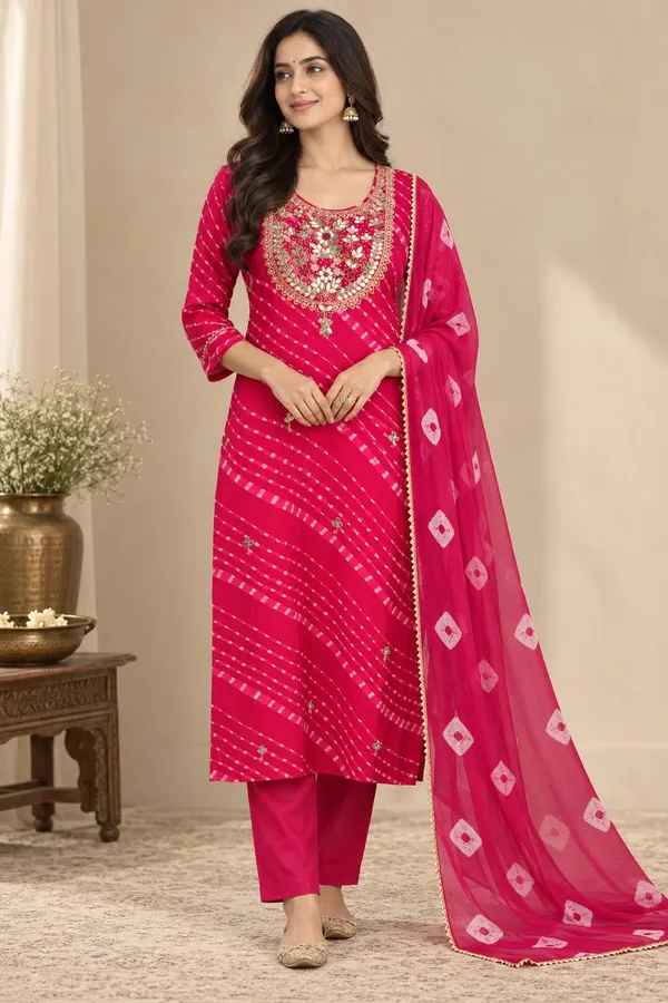 Pink_Bandhej_Georgette_With_Cotton_Lining_Kurta_Set_For_Women