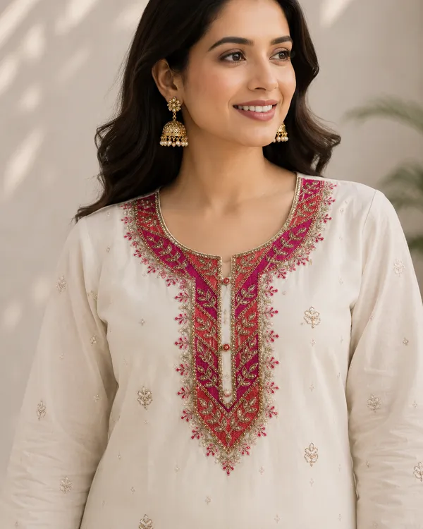 White_Cotton_And_Organza_Kurta_Set_For_Women