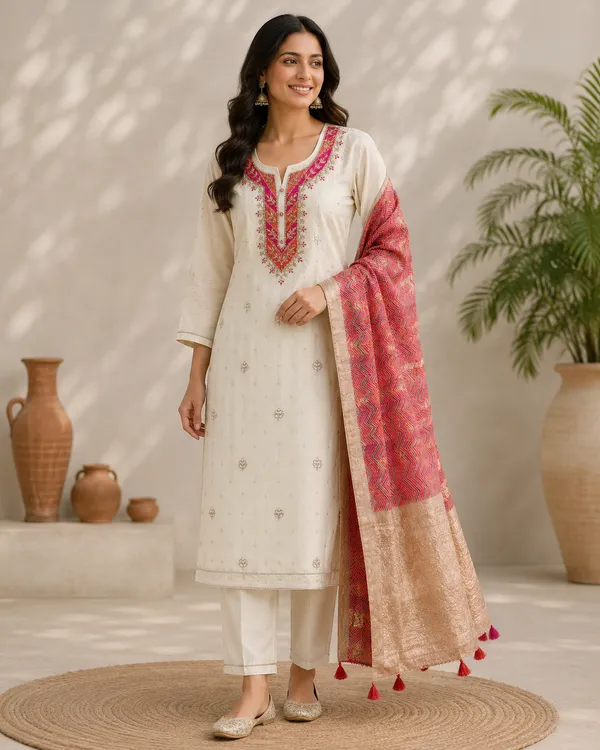 White_Cotton_And_Organza_Kurta_Set_For_Women