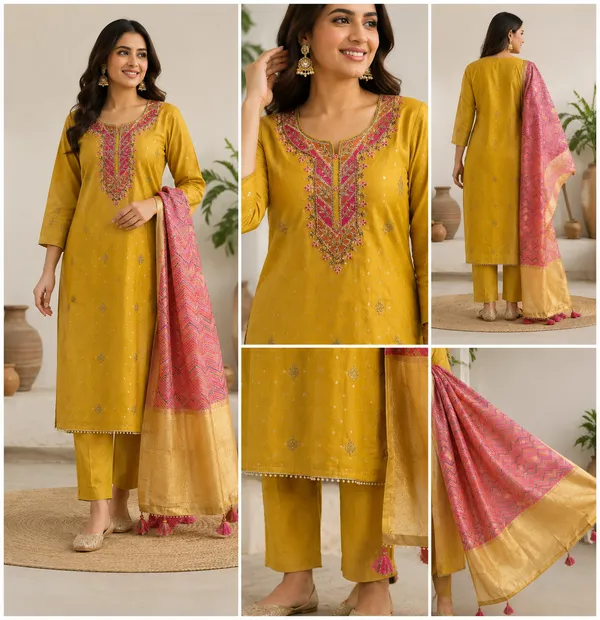 Yellow_Cotton_And_Organza_Kurta_Set_For_Women
