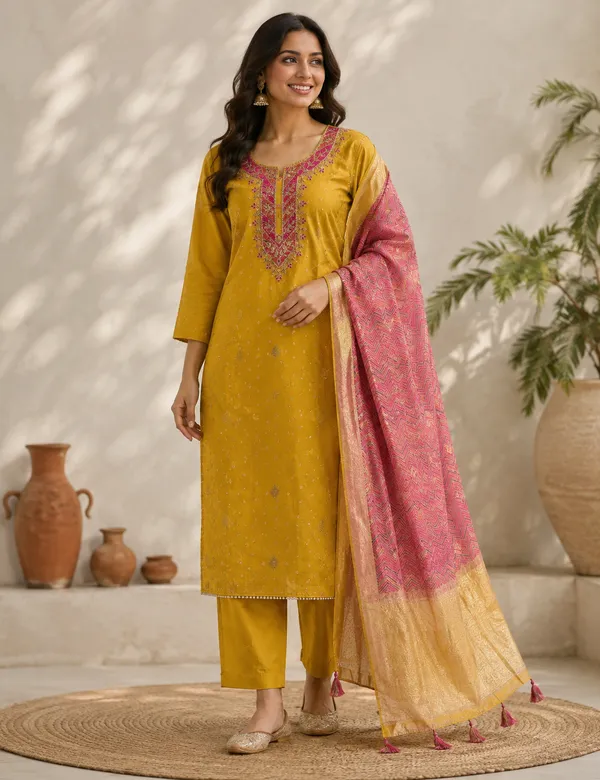 Yellow_Cotton_And_Organza_Kurta_Set_For_Women