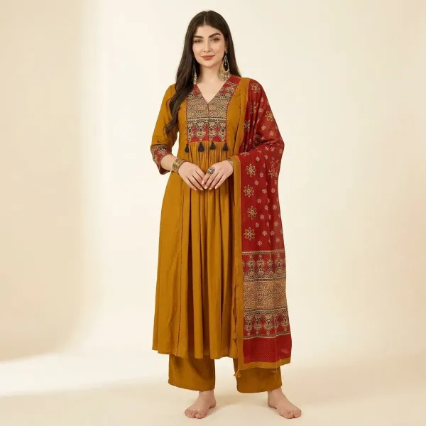 Mustard_Yellow__And_Red_Cotton_Anarkali_Kurta_Set_For_Women