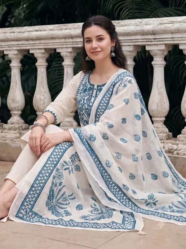 Women’s_Cream_Cotton_Kurta_Pant_Set_with_Blue_Printed_Dupatta_|_Ethnic_Wear