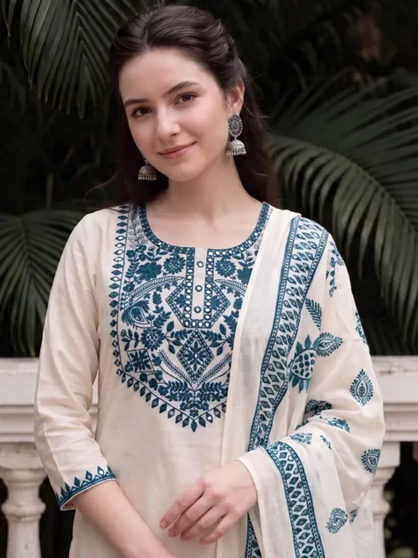 Women’s_Cream_Cotton_Kurta_Pant_Set_with_Blue_Printed_Dupatta_|_Ethnic_Wear