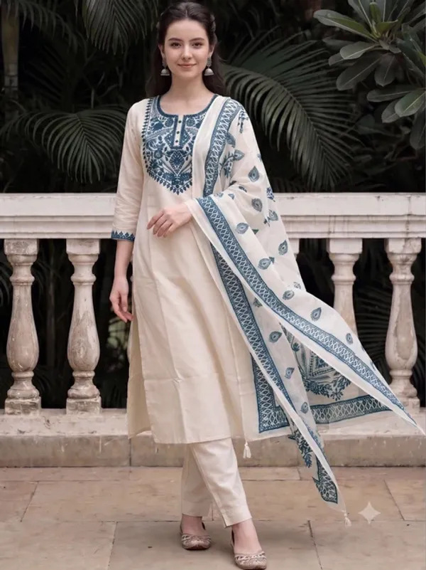 Women’s_Cream_Cotton_Kurta_Pant_Set_with_Blue_Printed_Dupatta_|_Ethnic_Wear