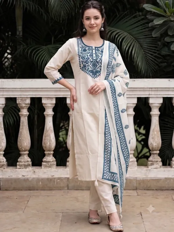 Women’s_Cream_Cotton_Kurta_Pant_Set_with_Blue_Printed_Dupatta_|_Ethnic_Wear