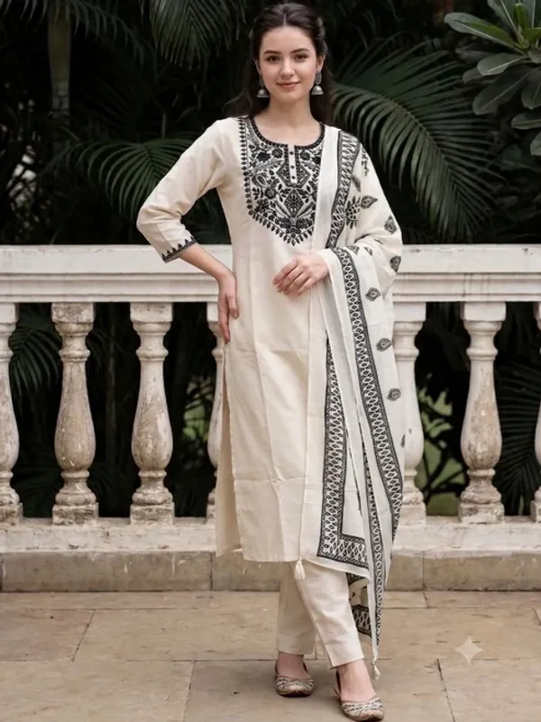 Women’s_Cream_&_Black_Printed_Kurta_Pant_Dupatta_Set_|_Stylish_Ethnic_Wear_|_Jaipuri_Dhage