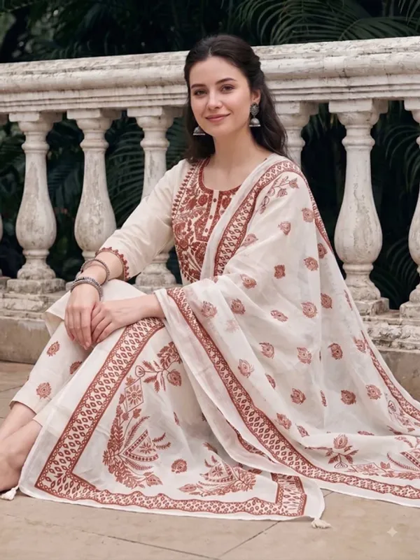 Women’s_Cream_&_Maroon_Printed_Cotton_Kurta_Pant_Set_with_Dupatta_|_Jaipuri_Ethnic_Suit_Set