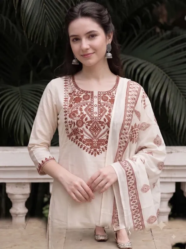 Women’s_Cream_&_Maroon_Printed_Cotton_Kurta_Pant_Set_with_Dupatta_|_Jaipuri_Ethnic_Suit_Set