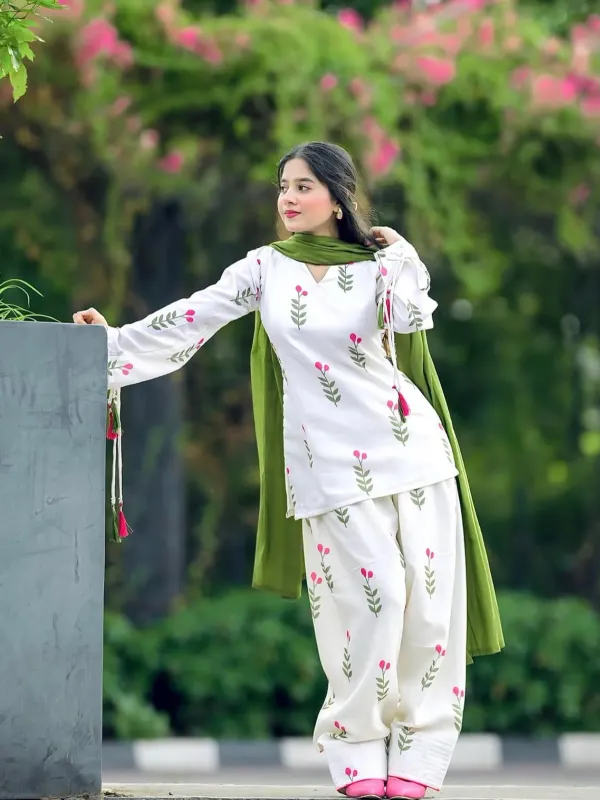 Women’s_White_Floral_Printed_Cotton_Kurta_Pant_Set_with_Green_Dupatta_|_Elegant_Ethnic_Wear_|_Jaipui_Dhage