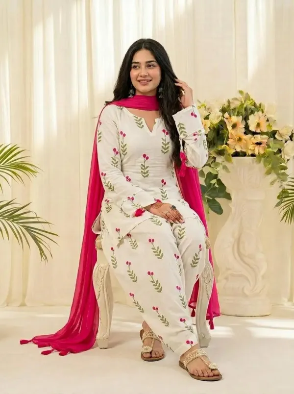 Women’s_White_Floral_Printed_Cotton_Kurta_Patiala_Set_with_Pink_Dupatta