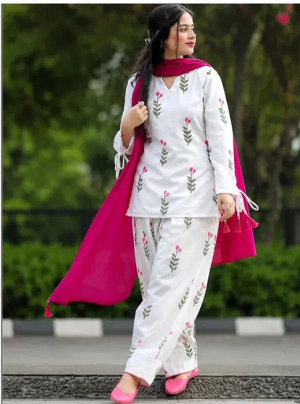 Women’s_White_Floral_Printed_Cotton_Kurta_Patiala_Set_with_Pink_Dupatta