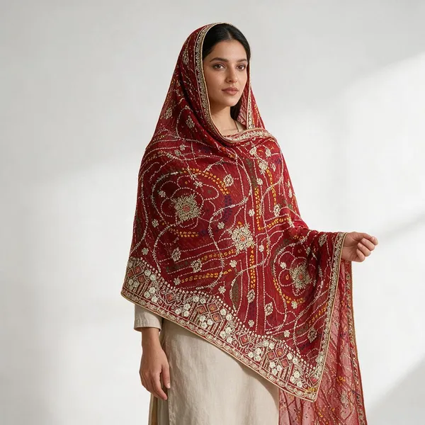 Red_Georgette_Chunri_1_Paat_Jaal_Work_For_Women