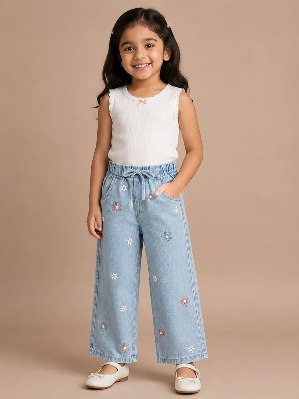 100%_Cotton_Denim_Wide-Leg_Jeans_with_Floral_Embroidery_&_Elasticated_Waist