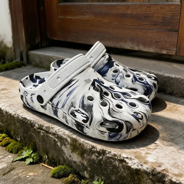 White_And_Grey_Marble_Print_Clog_Sandals