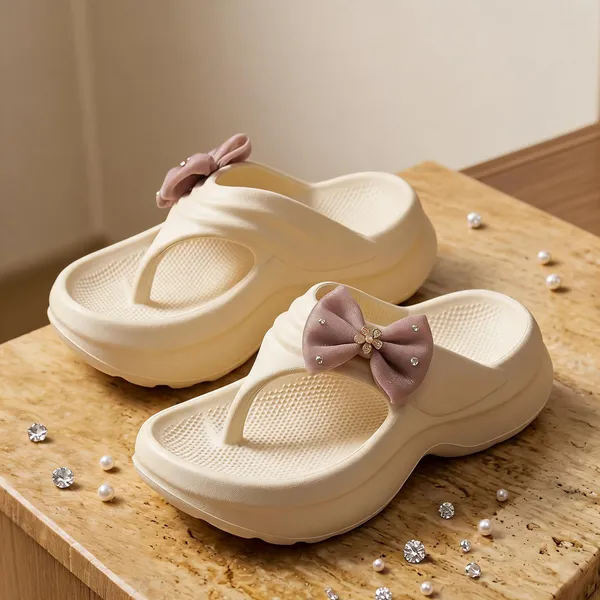 Cream_EVA_Thick_Sole_Bow_Flip_Flops