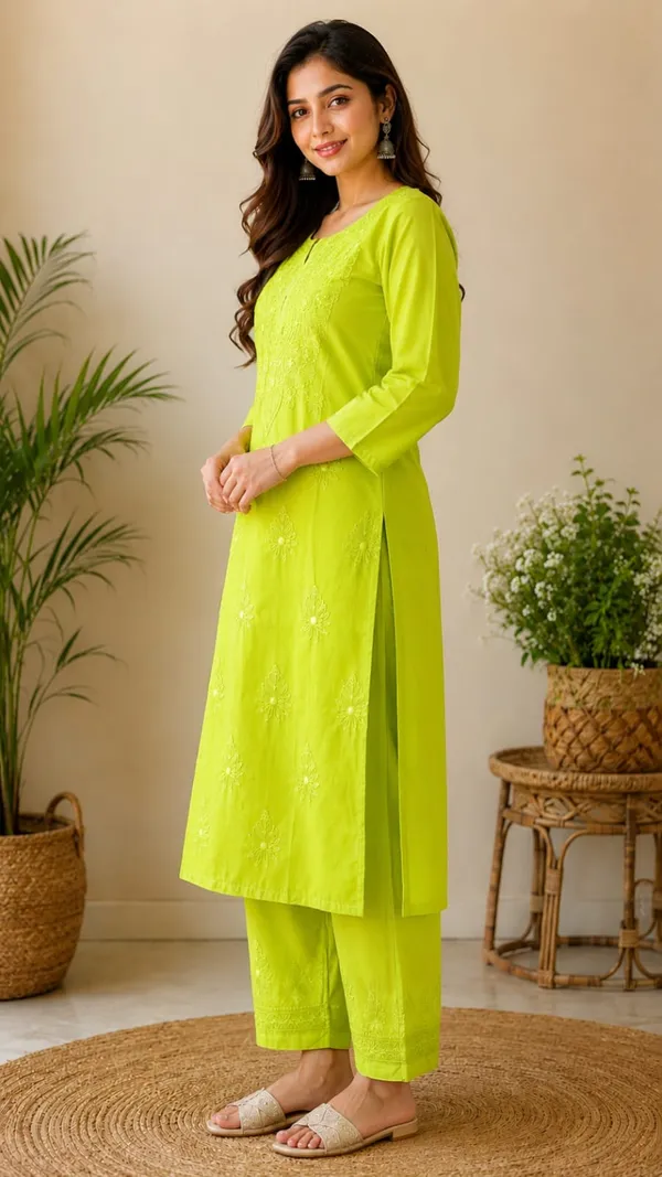 Green_Rayon_Chikankari_Kurti_Palazzo_Set_For_Women