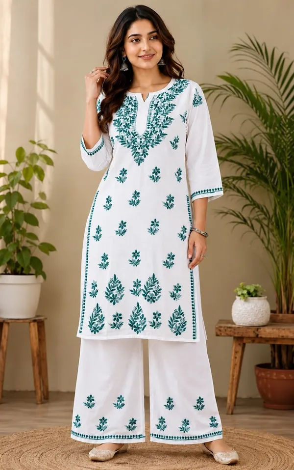 White_And_Blue_Rayon_Chikankari_Kurta_Palazzo_Set_For_Women