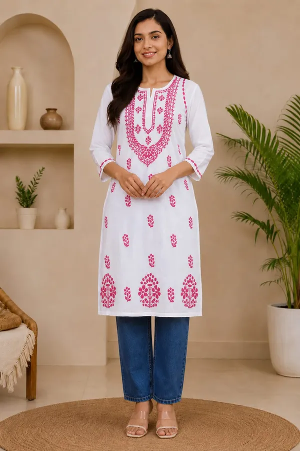 White_And_Pink_Cotton_Chikankari_Kurti_For_Women