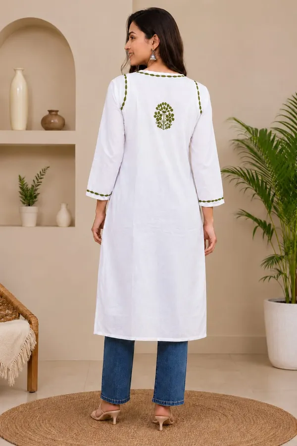 White_And_Green_Cotton_Chikankari_Kurti_For_Women