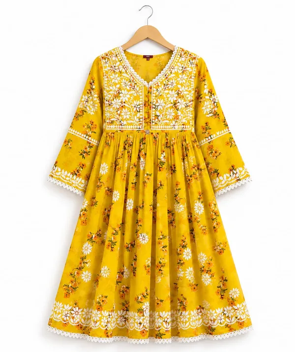 Yellow_Mul_Cotton_Floral_Print_Anarkali_Chikankari_Kurti_Pant_Set_For_Women