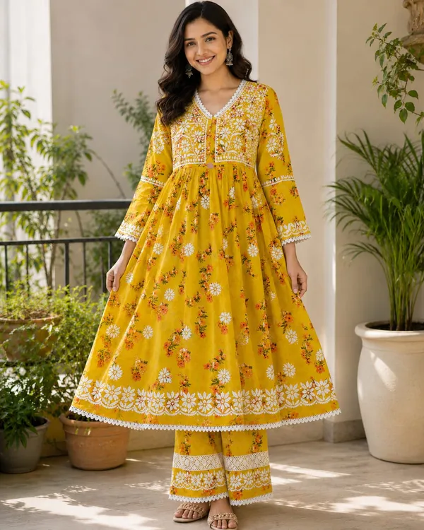 Yellow_Mul_Cotton_Floral_Print_Anarkali_Chikankari_Kurti_Pant_Set_For_Women
