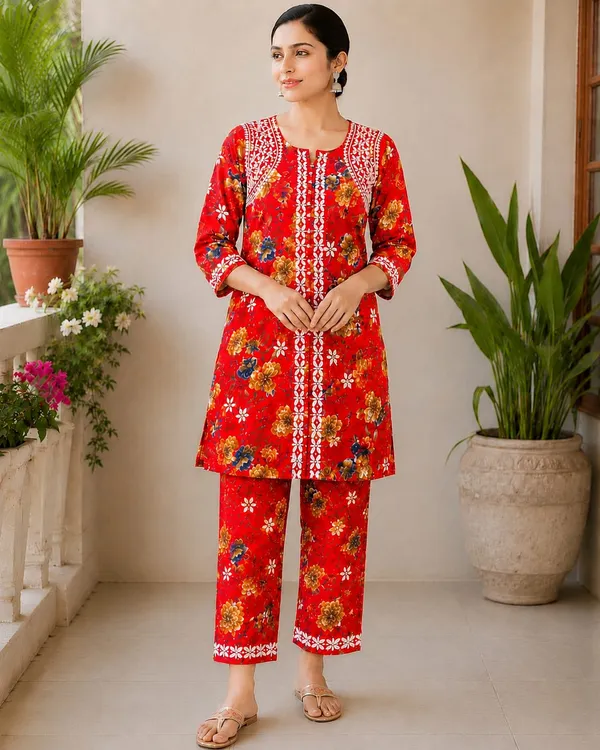 Red_Rayon_Floral_Print_Chikankari_Co-ord_Set_For_Women