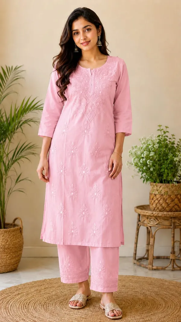 Pink_Chanderi_Chanderi_Chikankari_Kurti_Pant_Set_For_Women