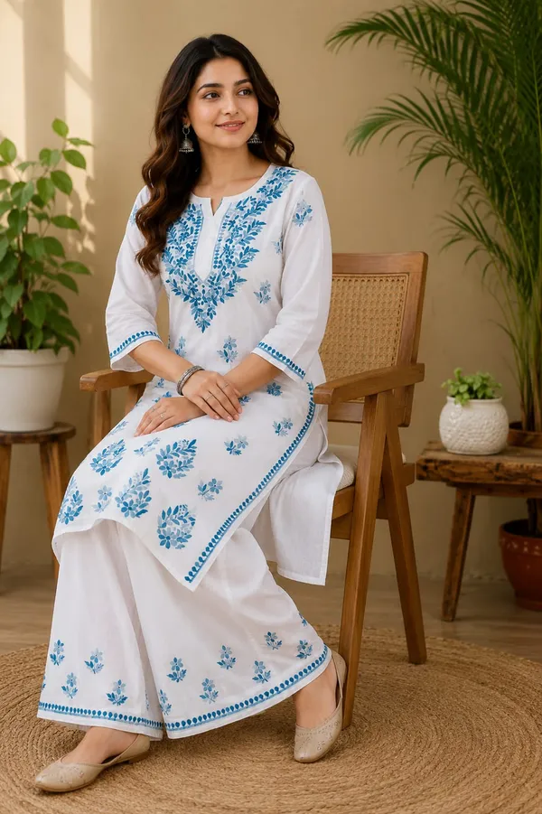 White_And_Blue_Rayon_Chikankari_Kurti_Palazzo_Set_For_Women