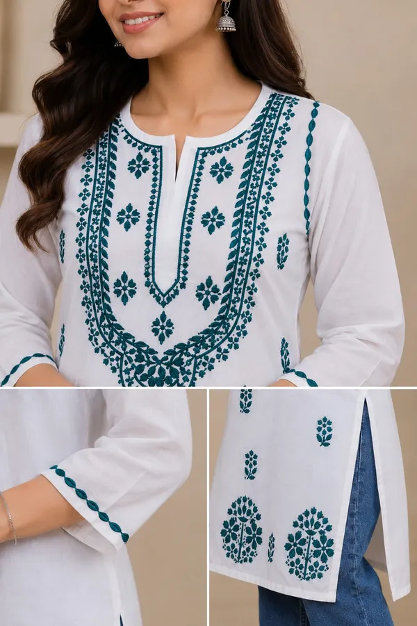 White_And_Blue_Cotton_Chikankari_Kurti_For_Women