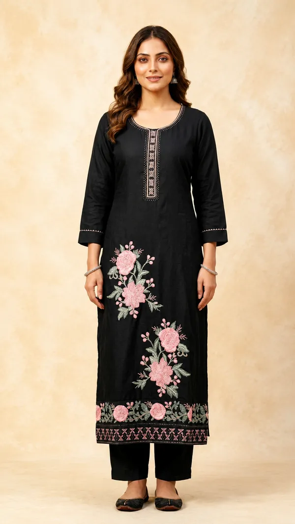 Black_70%_Silk,_30%_Polyester_Embroidered_Straight_Kurta_Set_For_Women