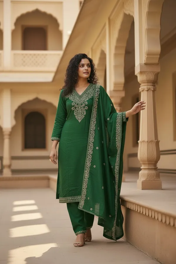 Green_Chanderi_Embroidered_Kurta_Set_with_Potli_Bag_For_Women